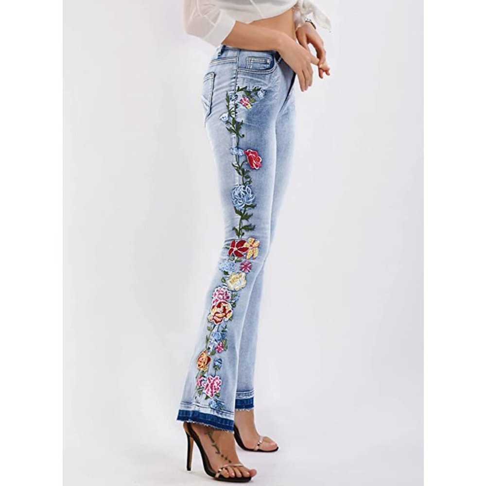 Light Wash Floral Embroidered Patch High Waisted Flare‎ Bell Bottom Denim Jeans